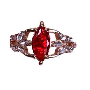 Marquise-Cut Red Glass Gemstone Open Filigree Vintage Floral Ring – Size 10